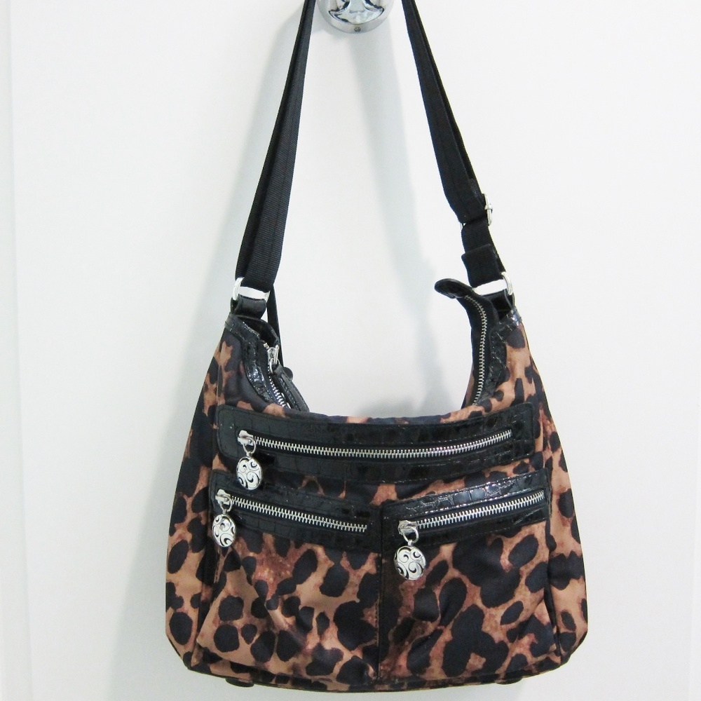 Leopard print nylon bag W/patent leather trim